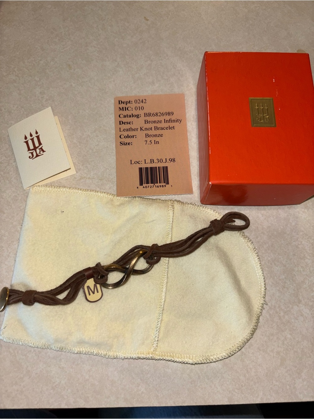 Brand New Retired Leather Knot Bracelet - Bronze Infinity Link 7.5 Medium